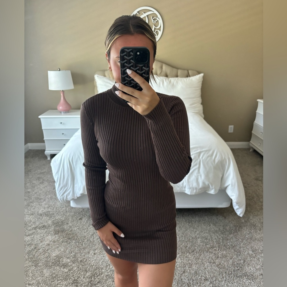 Wild Fable Brown Ribbed Bodycon Dress Mock Neck Long Sleeve